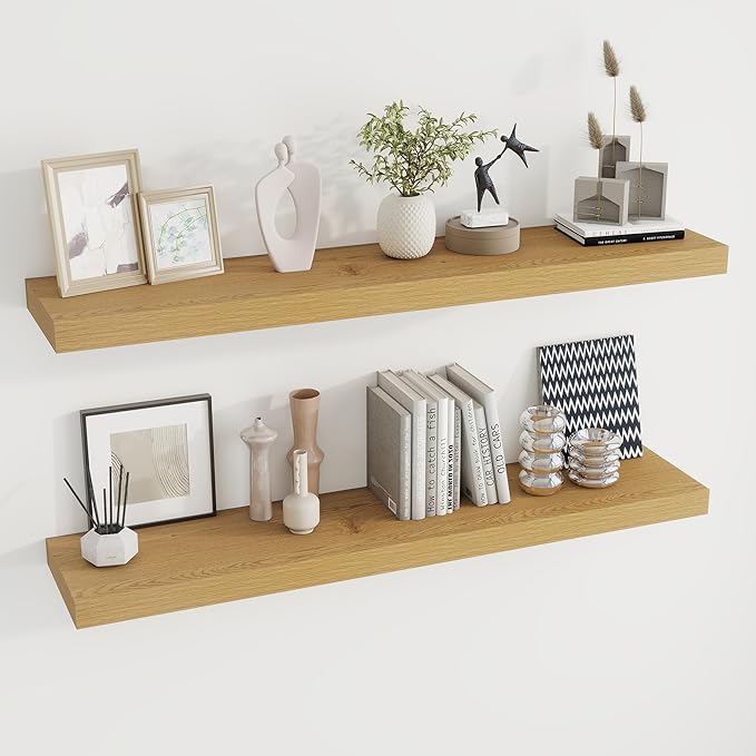48 inch Floating Shelves for Wall Large Wall Mounted Shelves with Invisible Brackets, Oak Long Shelves for Bathroom, Living Room, Kitchen, Office, 48x9.1 inch deep Set of 2