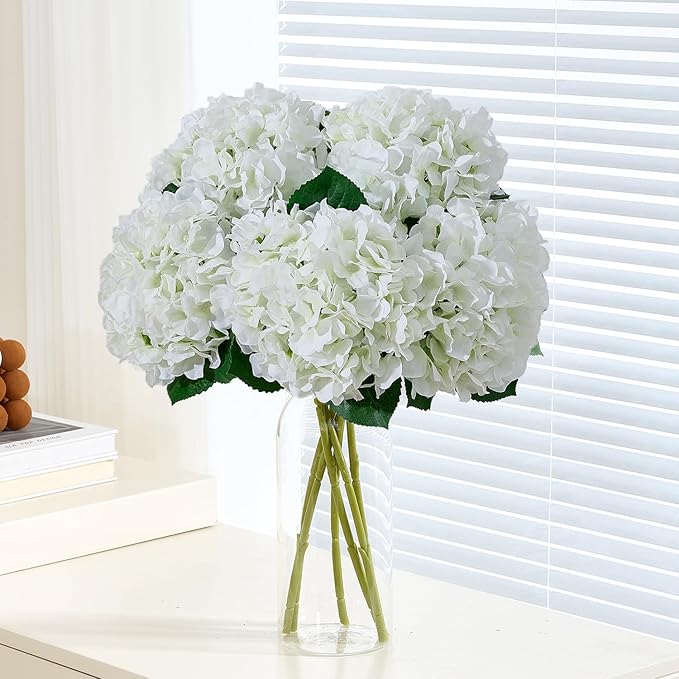8Pcs White Fake Flowers Silk Hydrangea Artificial Flowers Bouquets Faux Ivory Hydrangea Stems for Home Table Centerpieces Wedding Party Decoration