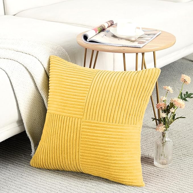 Fancy Homi 2 Packs Yellow Big Decorative Throw Pillow Covers 24x24 Inch for Couch Bed Sofa, Rustic Farmhouse Boho Home Decor, Soft Corss Corduroy Patchwork Accent Square Cushion Case 60x60 cm