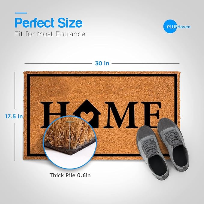 PLUS Haven Coco Coir Door Mat with Heavy Duty Backing, Natural Home Doormat, 17.5”x30” for Entrance, Front Porch, Easy to Clean Entry Mat, Outdoor and Indoor Uses, Home Decor