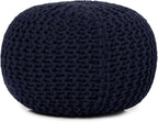 REDEARTH Round Pouf Foot Stool Bean Bag Ottoman - Cable Knitted Cord Boho Pouffe - Poof Accent Bean Bag - Handmade by Artisans for Living Room - Bedroom (19.5"x19.5"x14") - Navy Blue