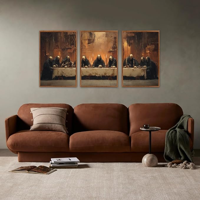 KAIRNE Framed Skeleton Canvas Wall Art,Abstract Retro Skull Pictures Set of 3(16”X24”),Scary Halloween Prints,Horror Wall Art,Skeleton Last Supper Posters for Living Room Bedroom Ding Room Decoration