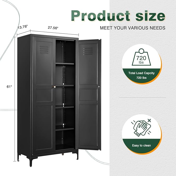 Letaya Black Storage Cabinet with Feets-Metal Home Kitchen Pantry Cabinets with Doors and Adjustable Shelves,Organization Locker for Cupboard/Bedroom/Dining/Living/Bathroom/Office/Garage Room (Black)