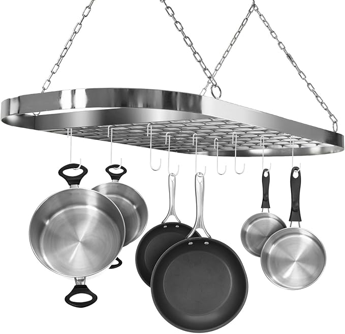 Sorbus® Pot and Pan Rack for Ceiling with Hooks — Decorative Oval Mounted Storage Rack — Multi-Purpose Organizer for Home, Restaurant, Kitchen Cookware, Utensils, Books, Household (Hanging Chrome)