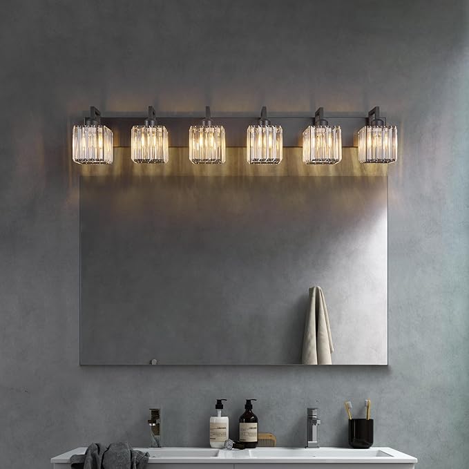 Modern Crystal Bathroom Vanity Light 6-Lights Black Modern Crystal Wall Lamp Bathroom Modern Crystal Vanity Lighting