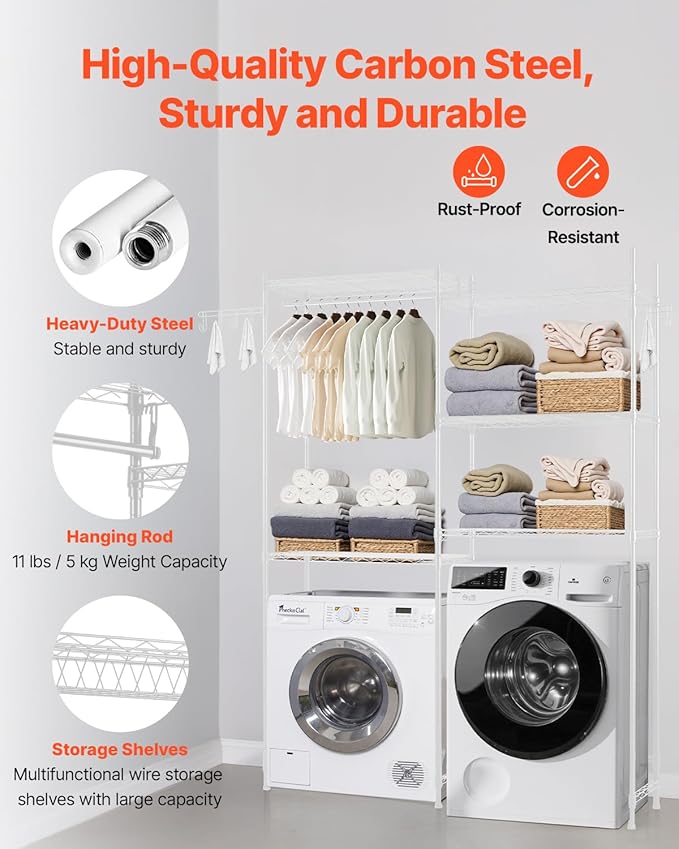 VEVOR Over The Washer and Dryer Storage Shelf, 5 Tier Laundry Room Drying Rack with Hanger Rod and Hooks, Adjustable Over Washer and Dryer Shelves, Laundry Room Shelf Storage Space Saver, White