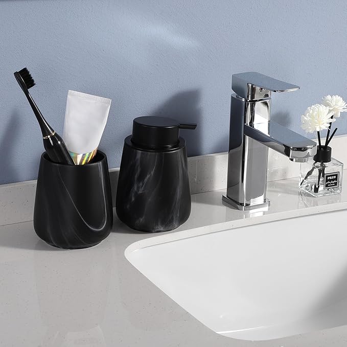 2Pcs Toothbrush Holder for Bathroom - Marble Black Ceramic Tooth Brushing Holders Set, Toothbrush Cup & Toothpaste Organizer for Bathroom Countertop, Makeup Brush Holder, Pen Holder for Home Storage