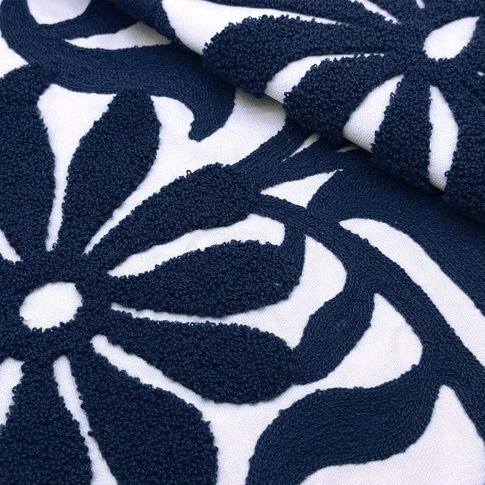 Alysheer Farmhouse Floral Leaves Embroidered Decorative Throw Pillow Cover 18x18 inches, Boho Tufted Flowers Embroidery Pattern Chic Cotton Cushion Case for Couch Bed Sofa Living Room(Navy Blue)