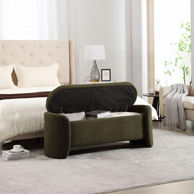 ROCTY Green Boucle Storage Bench - 50" Sherpa End of Bed Ottoman with Seating and Storage for Bedroom, Entryway, Living Room, Vanity or Makeup Room - Teddy Fabric