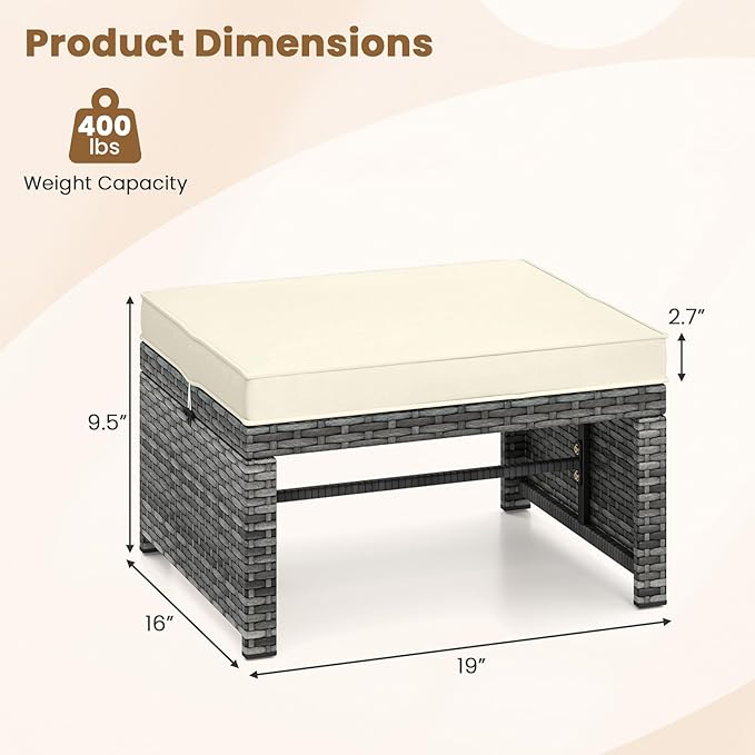 Tangkula 2 Pieces Patio PE Rattan Ottomans, Multipurpose Outdoor Footstool Footrest Additional Seating Side Table with Soft Zippered Cushions for Deck, Garden, and Yard (White)