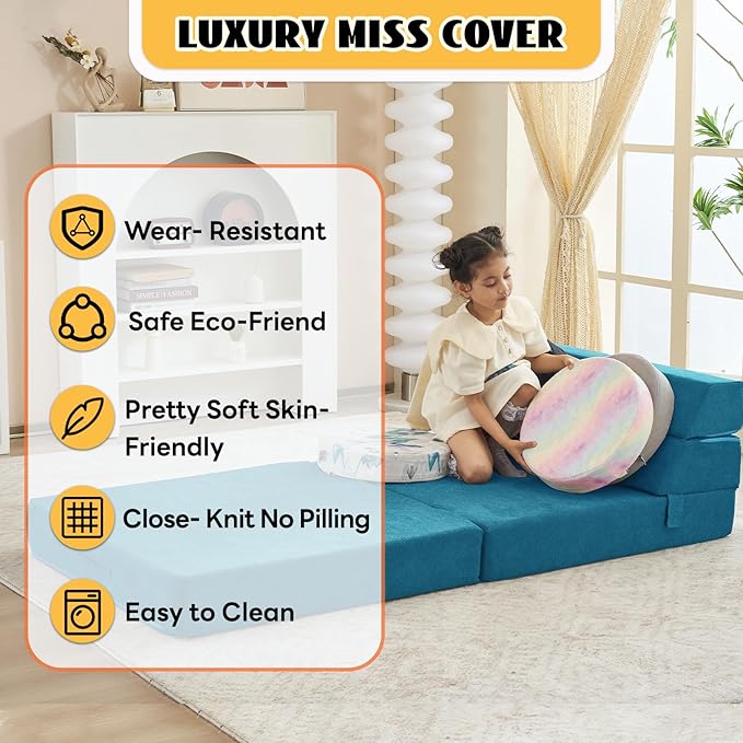 jela Foldable Sofa Bed, Convertible Sleeper Lounge Chair Floor Mattress Floor Couch with Backrest, Fold Out Futon with Washable Miss Fabric Cover for Guest Room, Living Room (83"x33",Teal)