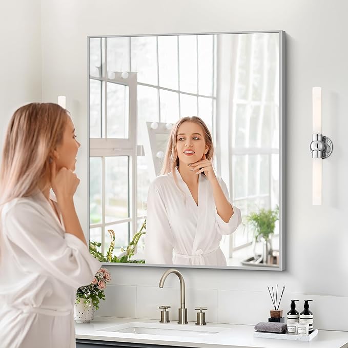 Silver Bathroom Mirror for Wall, 30x36 Inch Rectangle with Metal Frame, Modern Vanity for Bathroom Living Room, Entryway Hangs Horizontal or Vertical