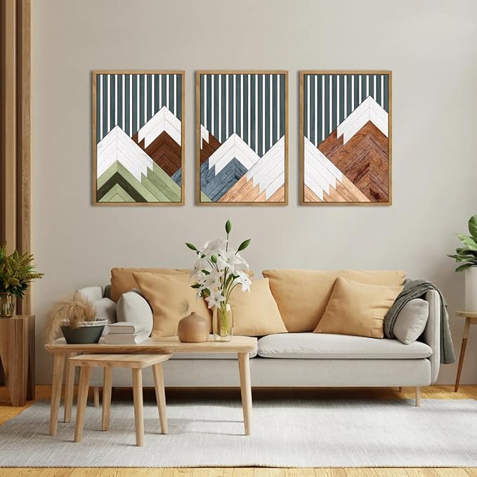DRACIT Large Woodcut Mountain Wall Art Set Abstract Boho Forest Wood Wall Decor Nature Blue Art Decor Modern Geometric Wooden Wall Sculptures for Living Room Bedroom Office-16x24Inchx3