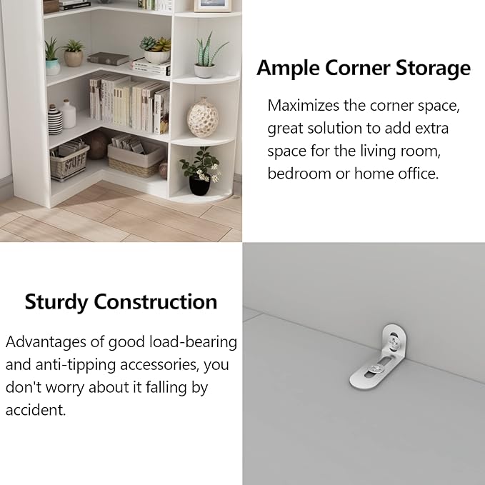 Loomie White Book Shelf, 6 Tiers Shelf Large Tall Corner Etagere Bookcase with Full Baffle, L-Shaped Modern Storage Display Industrial Bookshelves for Bedroom, Home Office, Living Room & Kitchen