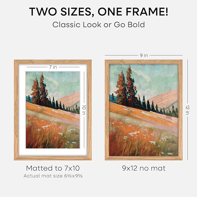 Homeforia 9x12 Picture Frame Wood, High End Natural Oak 9 x 12 Light Wooden Frames with Mat 7 by 10 Photo, 9by12 Frame Matted to 7x10 Print, Wall or Tabletop Frames, Tempered Glass, Wall Kit, Set of 1
