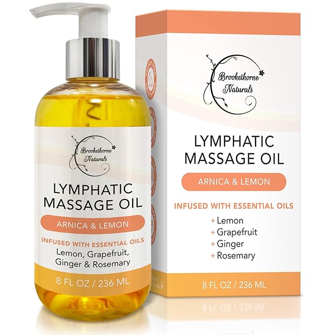 Lymphatic Massage Oil for Massage Therapy | 100% Natural Lymphatic Drainage Oil | Premium Quality with Arnica, Lemon & Ginger | for Post Surgery Recovery & Detox | 8oz by Brookethorne Naturals