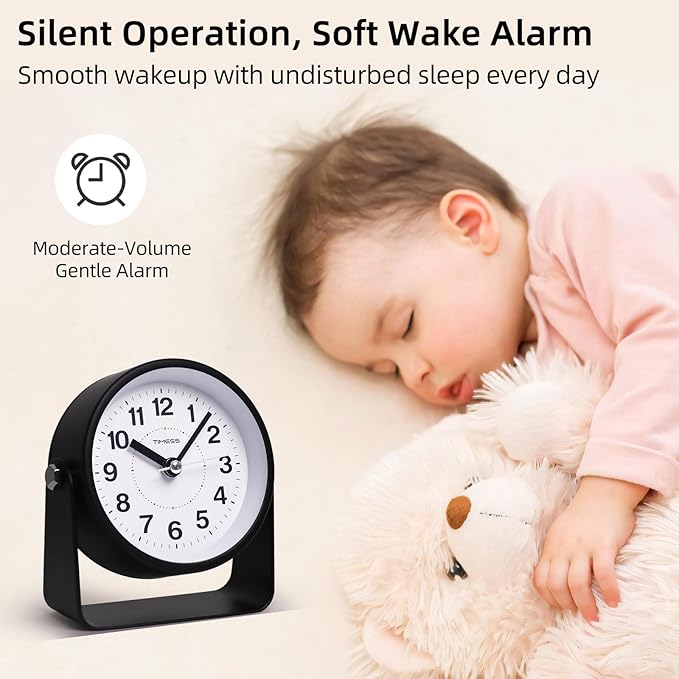 Analog Alarm Clock, Silent Non-Ticking Quartz Movement, Battery-Operated with Snooze & On-Demand Light, Easy to Set Gentle Wake Bedside Desk Clock, Ideal for Home, Travel, Office (Black)