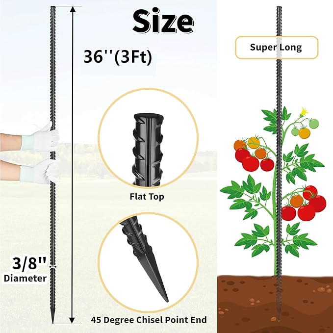 Rebar Stakes 36 inches 16-Pack Concrete Form Stakes Straight 3/8" Diameter Rebar Ground Metal Stakes for Landscaping, Securing Fence, Garden Plants Support, Survey Markers and Securing Trees