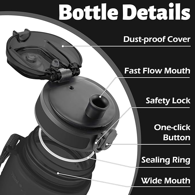 OLDLEY 25 oz Water Bottle, Motivational Water Bottle with Time Marker, Sports Water Bottle With Strap, Leakproof & BPA Free Large Water Bottles for School, Gym, Travel, Outdoor, Tritan,Black