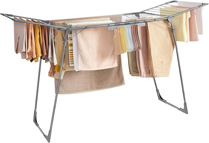 SONGMICS Clothes Drying Rack Foldable, Gullwing Laundry Drying Rack, Space-Saving, 22.2 x 68.1 x 38 Inches, Sock Clips, Metal Structure, for Clothes, Towels, Linens, Indoor, Outdoor Gray ULLR518G01
