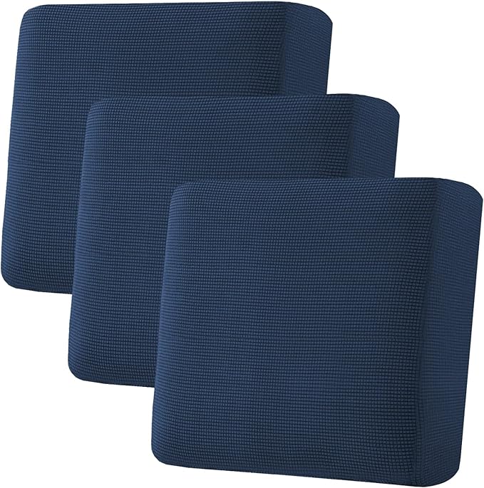 H.VERSAILTEX Super Stretch Individual Seat Cushion Covers - Sofa & Couch Cushion Slipcover Sets - Thick Jacquard Textured Twill Fabric (3 Piece XL Sofa Cushion Covers, Navy)