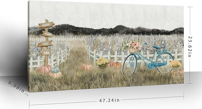Large Wall Art for Living Room Farmhouse Wall Decor, Modern Boho Vintage Organnic Country Rustic Cottagecore Neutral Landscape Artwork with Mountains Bicycle Flower, Floral Picture Bedroom Kitchen