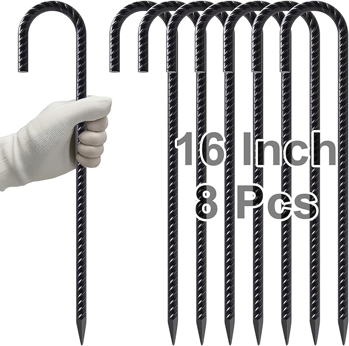 VVOKGO Rebar Stakes 16 Inches J Hook Heavy Duty Chain Link Fence Stakes, 8 Pcs Metal Long Tent Spikes Ground Anchors for Wire Fencing, Dogs Digging, Camping Tents, Swings, Greenhouse, Black