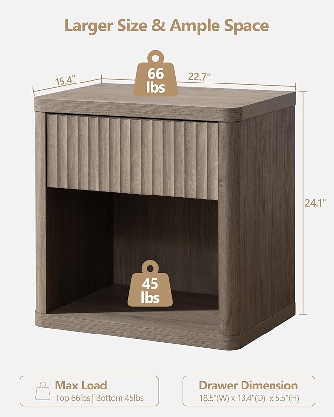SICOTAS Large Nightstand with Drawer Storage - Grey Alder