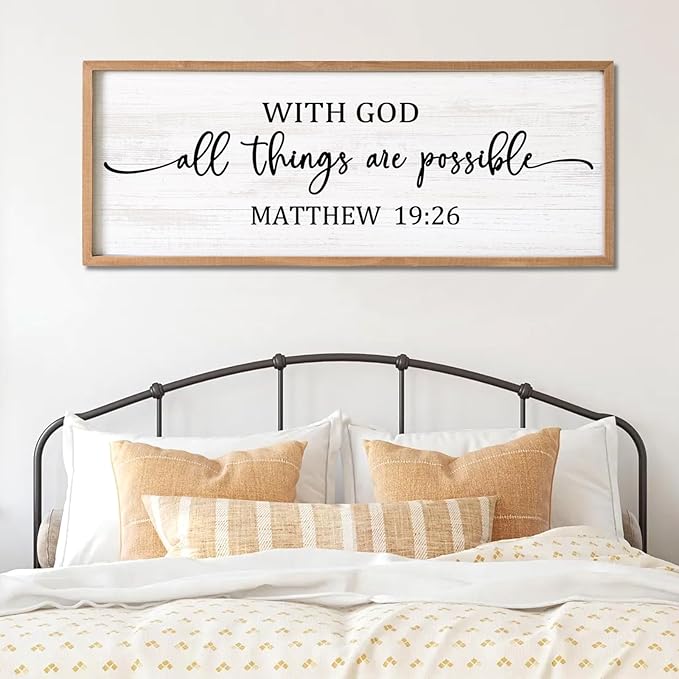 With God All Things are Possible Framed Wall Art, 40''×15'' Positive Religious Rustic Bible Verse for Christian God Jesus Christ Prayer, Vintage Horizontal Holy Inspirational Catholic Scripture Decor