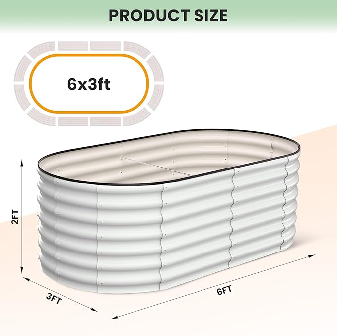 2 Pcs 6x3x2ft Oval Raised Garden Bed, Galvanized Raised Beds,Open-Ended Base Metal Raised Planter Beds,Garden Bed Outdoor,Planter Raised Boxes for Vegetables, Flowers,Tool-Free Asse,White