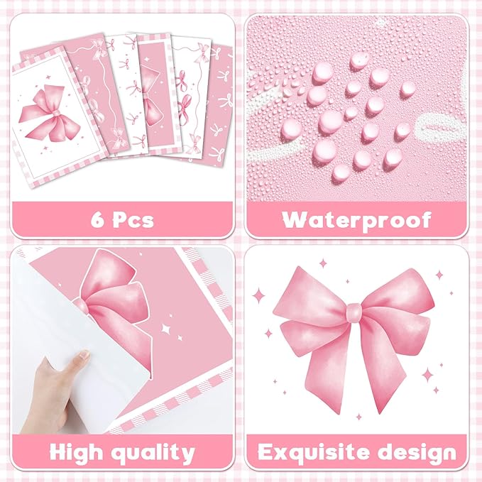 Pink Bow Plastic Place Set of 6 Cute Coquette Butterfly Bowknot Dinner Table Mats Pink Ribbon Bow Mats Wedding Baby Shower Birthday Table Decoration for Indoor Outdoor Party Kitchen Dining