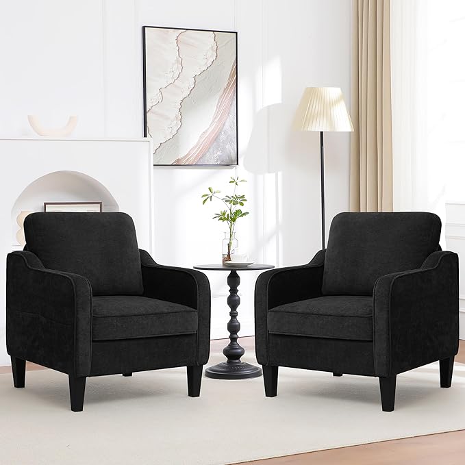Accent Chairs Set of 2, Upholstered Living Room Chairs with Side Pockets, Mid Century Modern Reading Chair for Bedroom, Comfy Armchair Single Sofa Side Chair for Office, Small Room, Black