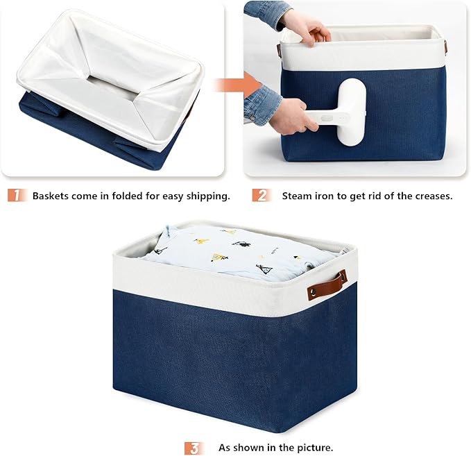 DULLEMELO Large Storage Baskets with Leather Handles for Linen Closet and Home Office, Decorative Baskets for Toys Storage (White & Blue)