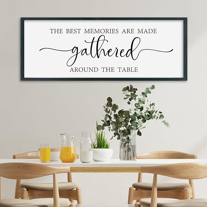 SRSZHIYUE The Best Memories Are Made Gathered Around The Table Sign Wall Decor Art 40"×15" for Kitchen Dining Room Large Wood Framed Wall Hanging (Black)