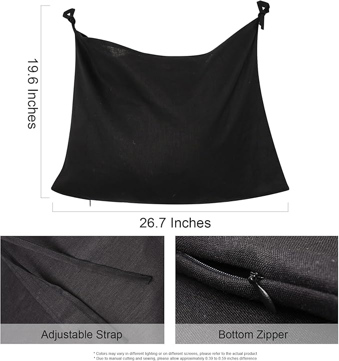 Hanging Linen Laundry Bag, 100% Pure Flax Linen Over The Door Hamper with Bottom Zipper for Laundry Room, Household Dirty Cloth Storage Organizer Bag, Black