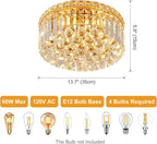 4-Light Gold Crystal Chandeliers Flush Mount Chandelier Light Fixture with K9 Crystals Modern Ceiling Lights Elegant Round Lamp for Bedroom,Hallway,Bar,Living Room,Dining Room,H5.9 xW13.7