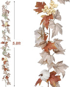 Lvydec Fall Maple Leaves Garland Decoration - 5.8ft Artificial Fall Foliage Garland with White Pumpkins Autumn Decor for Halloween Thanksgiving Home Table Decor (White)