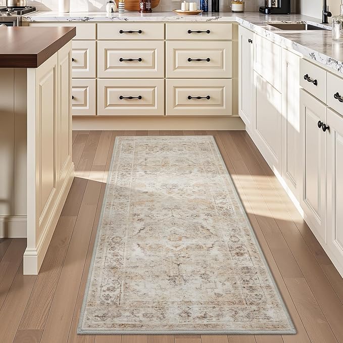 AMOAMI-2X6 Runner Rug-Washable Runners for Hallways-Soft Non Slip Bedside Rugs for Bedroom-Vintage Long Rug for Hallways Entryway Laundry Room Stair Kitchen Bathroom Beige