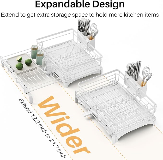 Dish Drying Rack - Extendable Dish Rack, Large Sink Drying Dish Drainer for Kitchen Counter, Stainless Steel Dish Strainer with Utensil Holder (White)