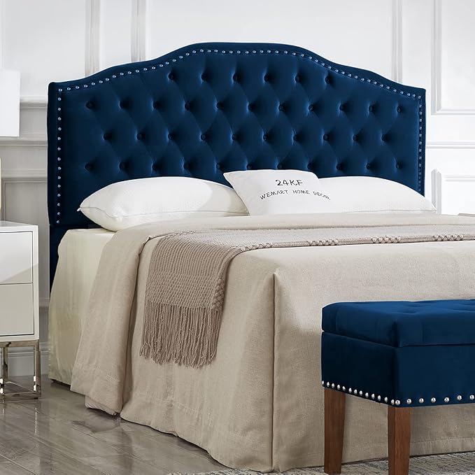 24KF Upholstered Button Tufted Queen Headboard with Nailhead Trim, Soft Velvet Fabric Headboard Queen/Full WM-6031-Q-NAVY