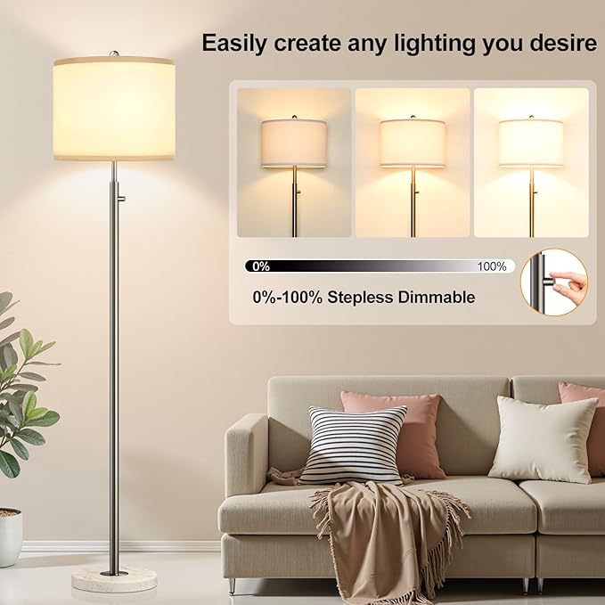 【Upgraded】 Dimmable Floor Lamp for Living Room, 11W LED Bulb Included, Modern Standing Lamp with Marble Base, Tall Pole Light with Linen Shade for Bedroom Reading Office Corner Nursery-Brushed Nickel