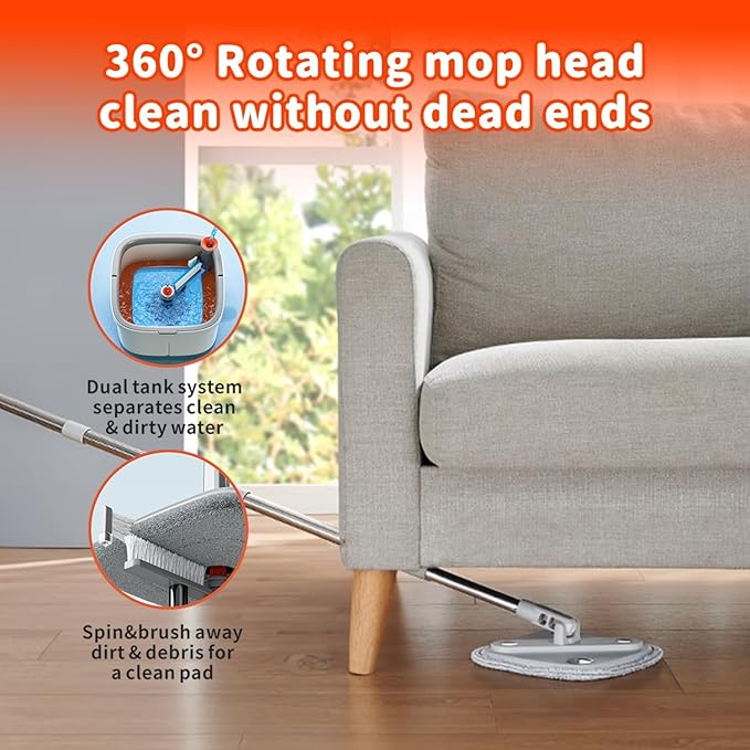KZKR Spin Mop and Bucket Set with Self Separation Dirty and Clean Water System, Self Wringing 360° Rotating Square Mop Head for Home Floors Cleaning (1.0 Mop and Bucket Set (14 Pads))