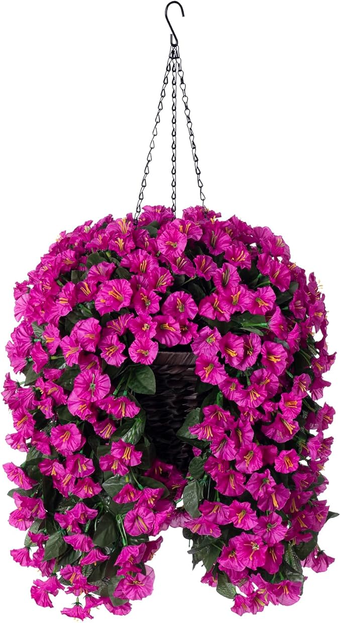 Artificial Fake Hanging Flowers Plants Baskets for Outdoor Outside Decoration, Faux Silk UV Resistant Realistic Fuchsia Morning Glory Planter for Home Porch Patio Balcony Garden Yard