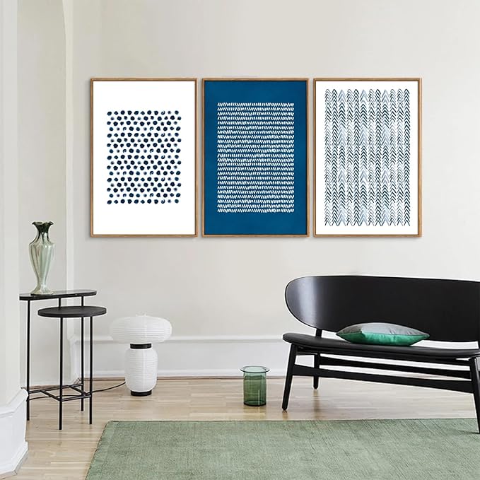 Tinonedraw Navy Blue and White Framed Canvas Wall Art Set, Minimalist Geometric Wall Decor, Neutral Abstract Artwork, Cozy Contemporary Art Prints for Bedroom Living Room Office Above Bed 24"x36"x3