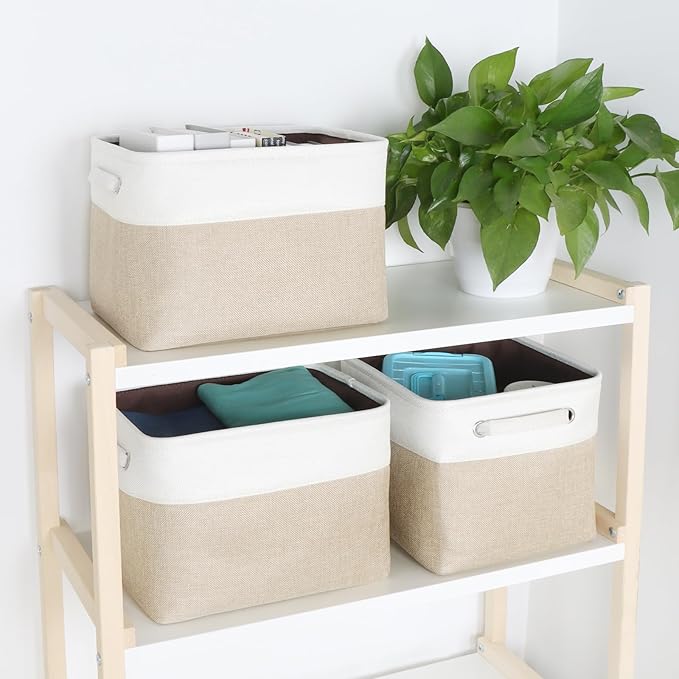 Kntiwiwo Foldable Storage Bin Collapsible Basket 12" x 10" x 9.5" Cube Storage Organizer Bins with Dual Carry Handles for Home Closet Shelves Drawers Organizer, Set of 3, Beige