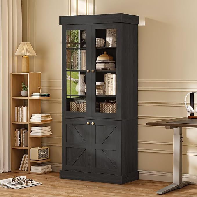 Vyre 71" Tall Farmhouse Bookshelves with Glass Doors, Large Modular Bookcase with Adjustable Shelves, Storage Cabinet for Living Room, Kitchen, Home Office, Black