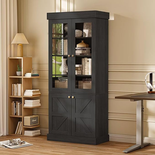 Vyre 71" Tall Farmhouse Bookshelves with Glass Doors, Large Modular Bookcase with Adjustable Shelves, Storage Cabinet for Living Room, Kitchen, Home Office, Black