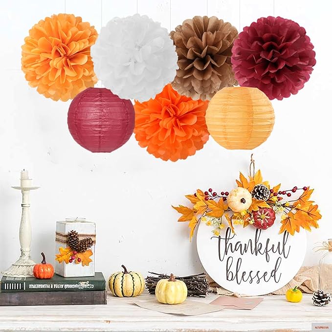 Brown Burgundy-Orange Party-Decorations Paper-Flowers Lanterns - 15PCS Fall Boho Tissue Pom Poms Streamers,Baby Bridal Shower Rustic Wedding Neutral Birthday Coffee Halloween ThanksgivingDecor Hugfond