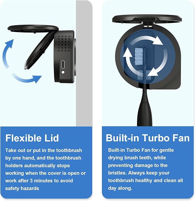 UV Toothbrush Sanitizer Holder, Toothbrush Sanitizer and Holder Cover Caps with Fan Drying, Rechargeable Portable Toothbrush Cleaner Case Fits Most Electric and Manual Toothbrushes (Black)