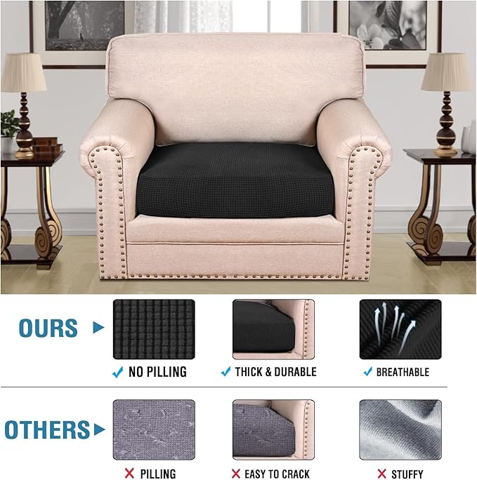 H.VERSAILTEX Super Stretch Individual Seat Cushion Covers Sofa Covers Couch Cushion Covers Slipcover Sets Thick Jacquard Textured Twill Fabric (1 Piece Chair Cushion Cover, Black)